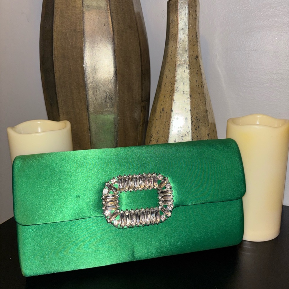 Crystal-Embellished Green Satin Clutch,
